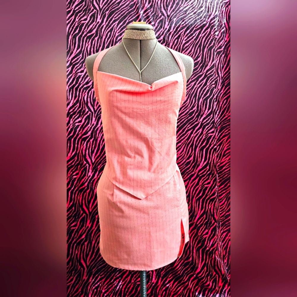 Pink Pinstripe 90s Clubwear Mean Girls Drape Front Top Highwaist Slit Skirt Fit